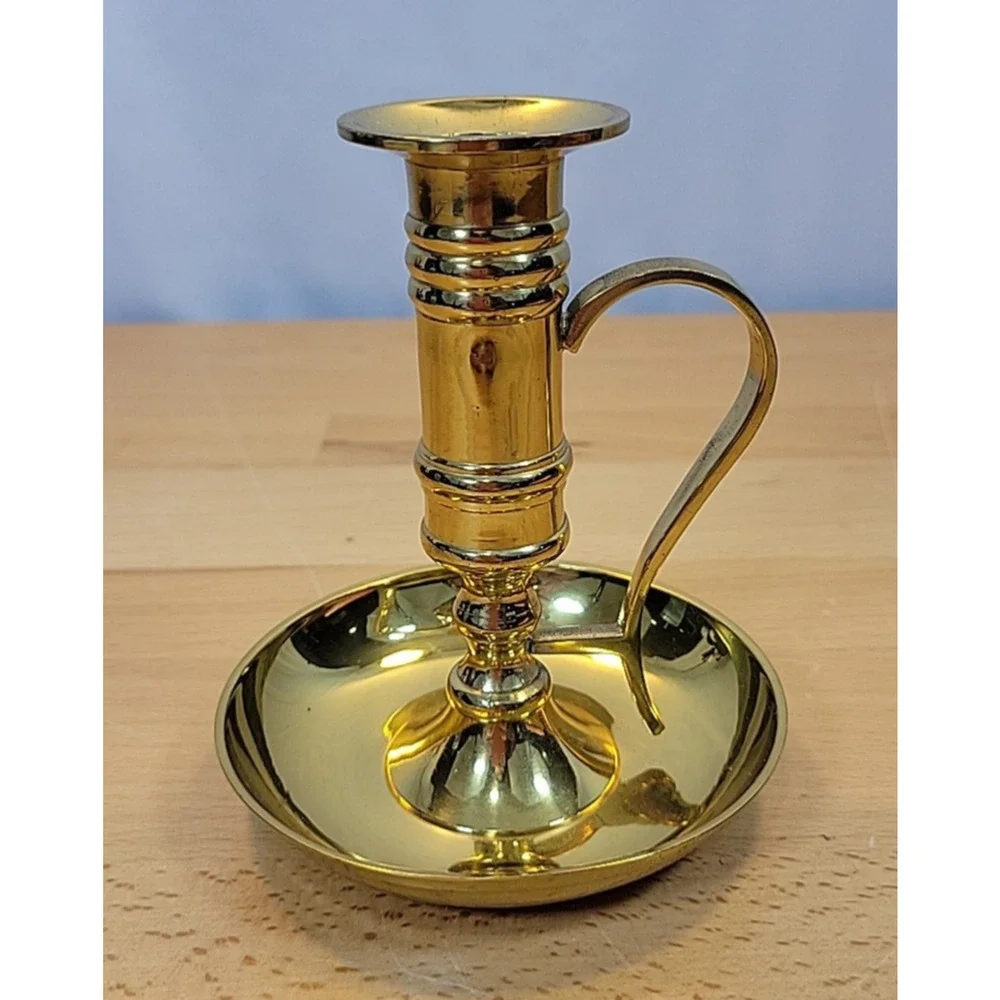 Brass Candlestick Candle Holder Chamberstick Academia Gold Tone India Handle